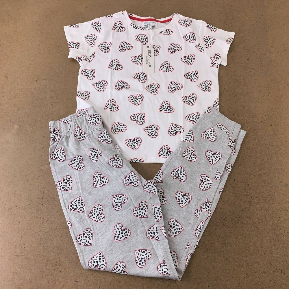 Brave Soul Womens Maria Pajama Set White Gray Leopard Print Heart Crew XS New